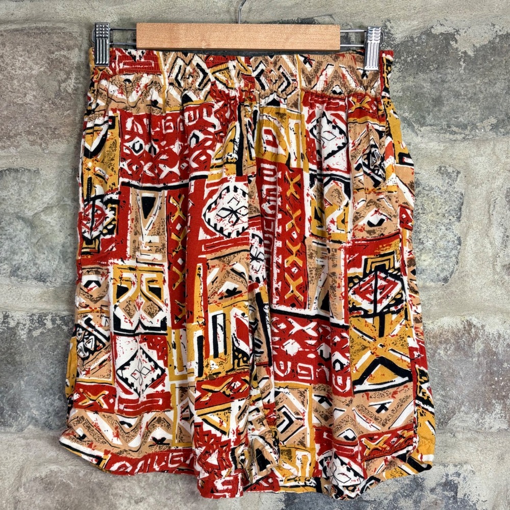 Hunt‎ Club Vintage 90s Geometric Abstract Print Rayon Shorts Red Yellow Medium
